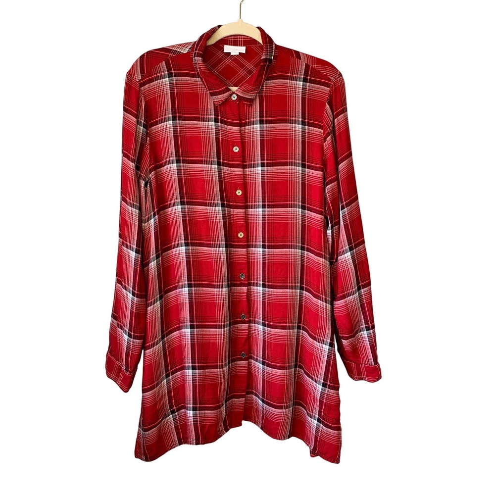 J Jill Red‎ Plaid Tunic Shirt Dress Long Sleeve Button Up Women's Size L